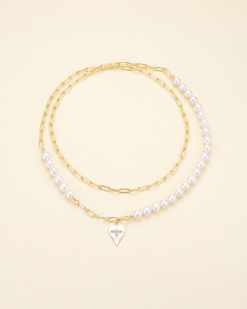 28-Inch Freshwater Pearl & Chain Necklace with Gold Heart Bee Pendant